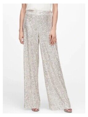 Ann Taylor Sequin Silver Wide Leg Pull-on Pants Size 12